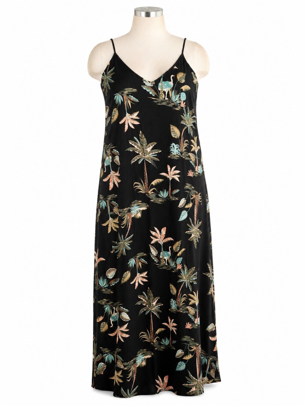 Old Navy Black Tropical Print V-Neck Maxi Dress Sz L Tall Beach Vacation Summer